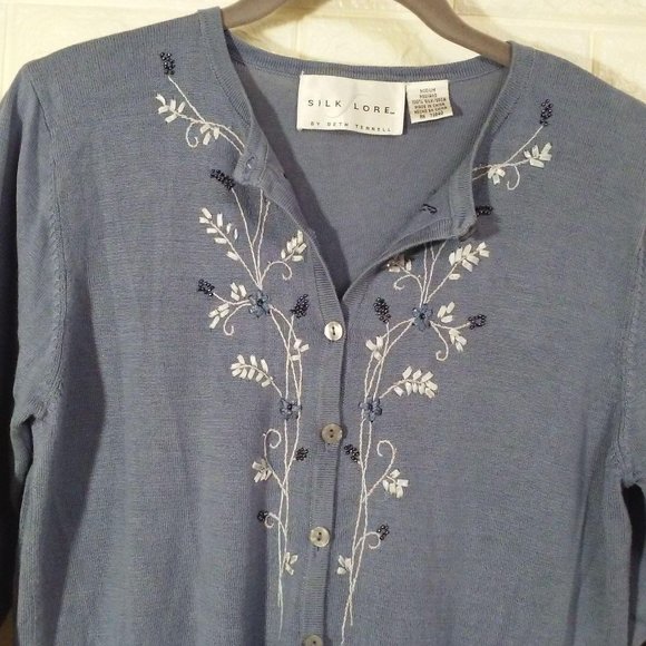 SILK LORE Cardigan Floral Bead Embellished Sz-M - Picture 2 of 11